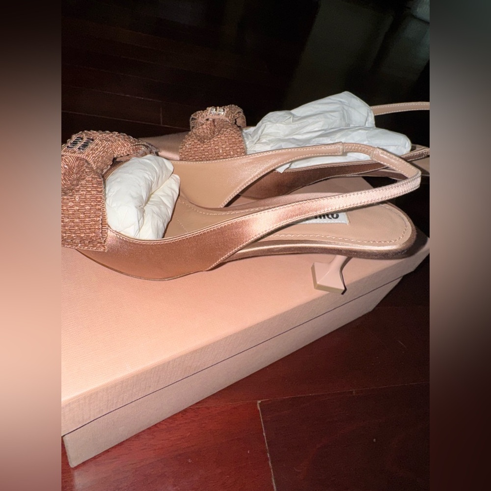 Miu Miu Nude/Rose satin Slingback Heels with Bow - Picture 8 of 12